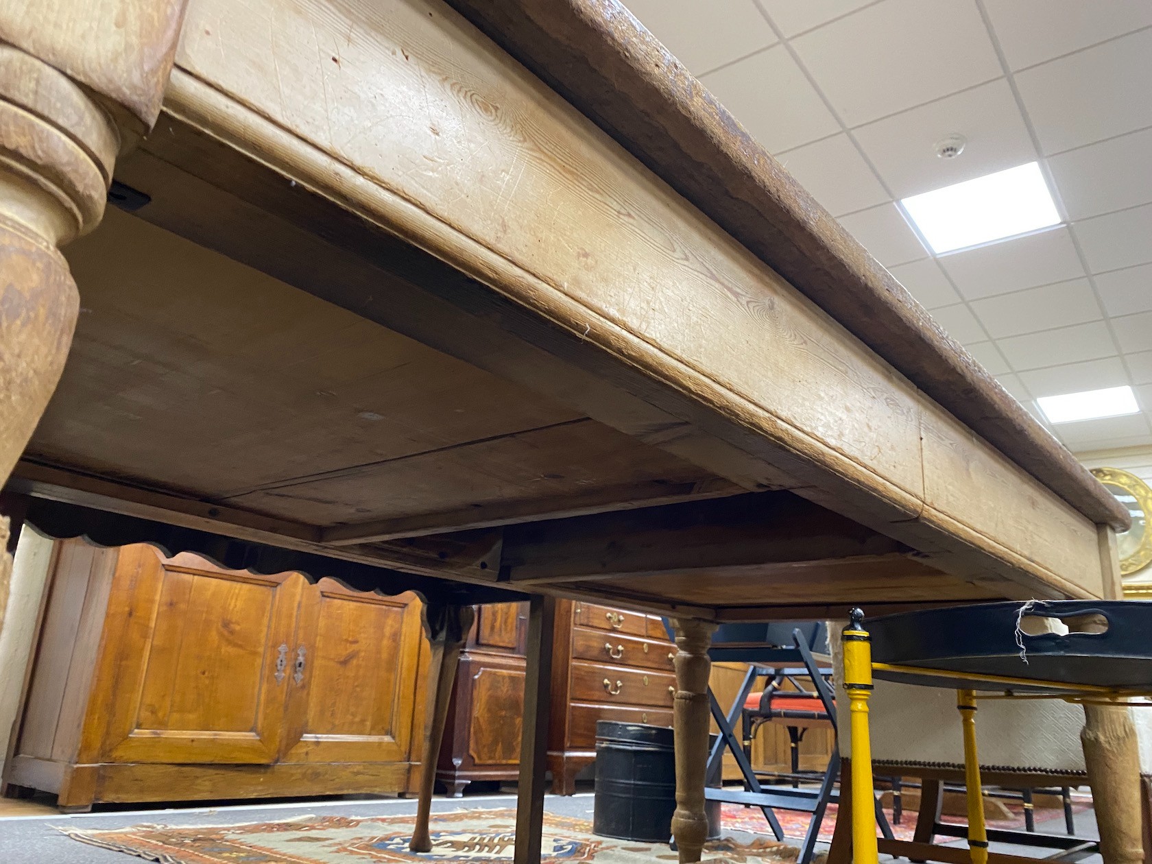 A Victorian rectangular pine kitchen table, length 204cm, width 105cm, height 76cm